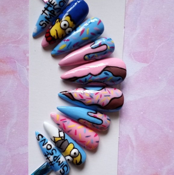 The Simpsons pink and blue doughnut  luxury Press On Nails CHEY01 - Picture 2 of 4